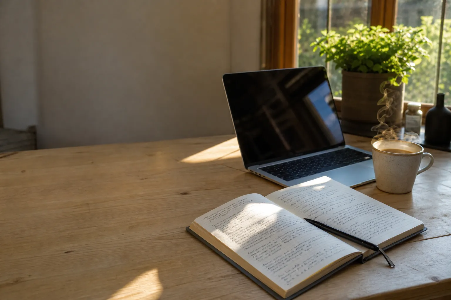 Table de travail avec cahiers ouverts et ordinateur portable pour un cours d’anglais, lumière de fin d’après-midi