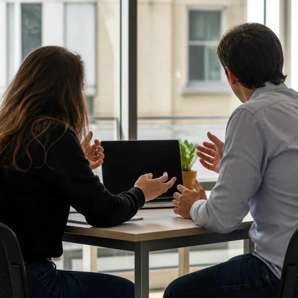 Deux personnes en conversation autour d’une table avec un ordinateur portable, pratique orale de l’anglais
