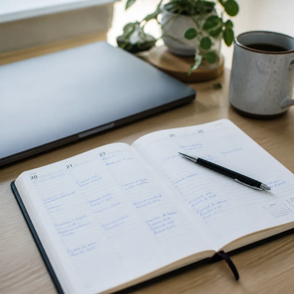 Agenda papier ouvert à côté d’un ordinateur portable, planification de sessions d’anglais