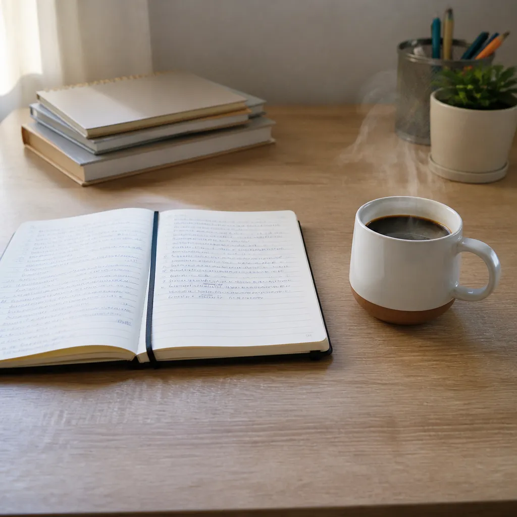 Cahier ouvert avec notes en anglais et tasse de café sur un bureau, reprise de l’apprentissage