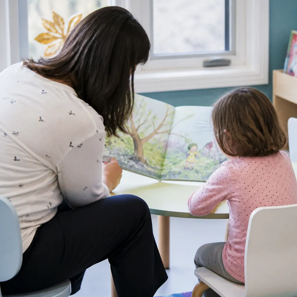 Enfant et adulte assis côte à côte avec un livre illustré ouvert, séance d’anglais pour un jeune public