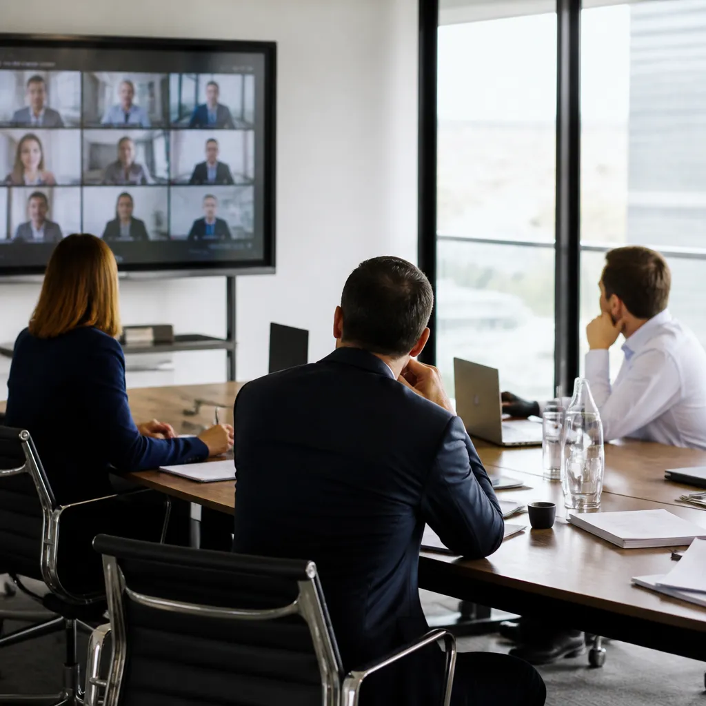 Salle de réunion d’entreprise avec écran de visioconférence et documents professionnels en anglais