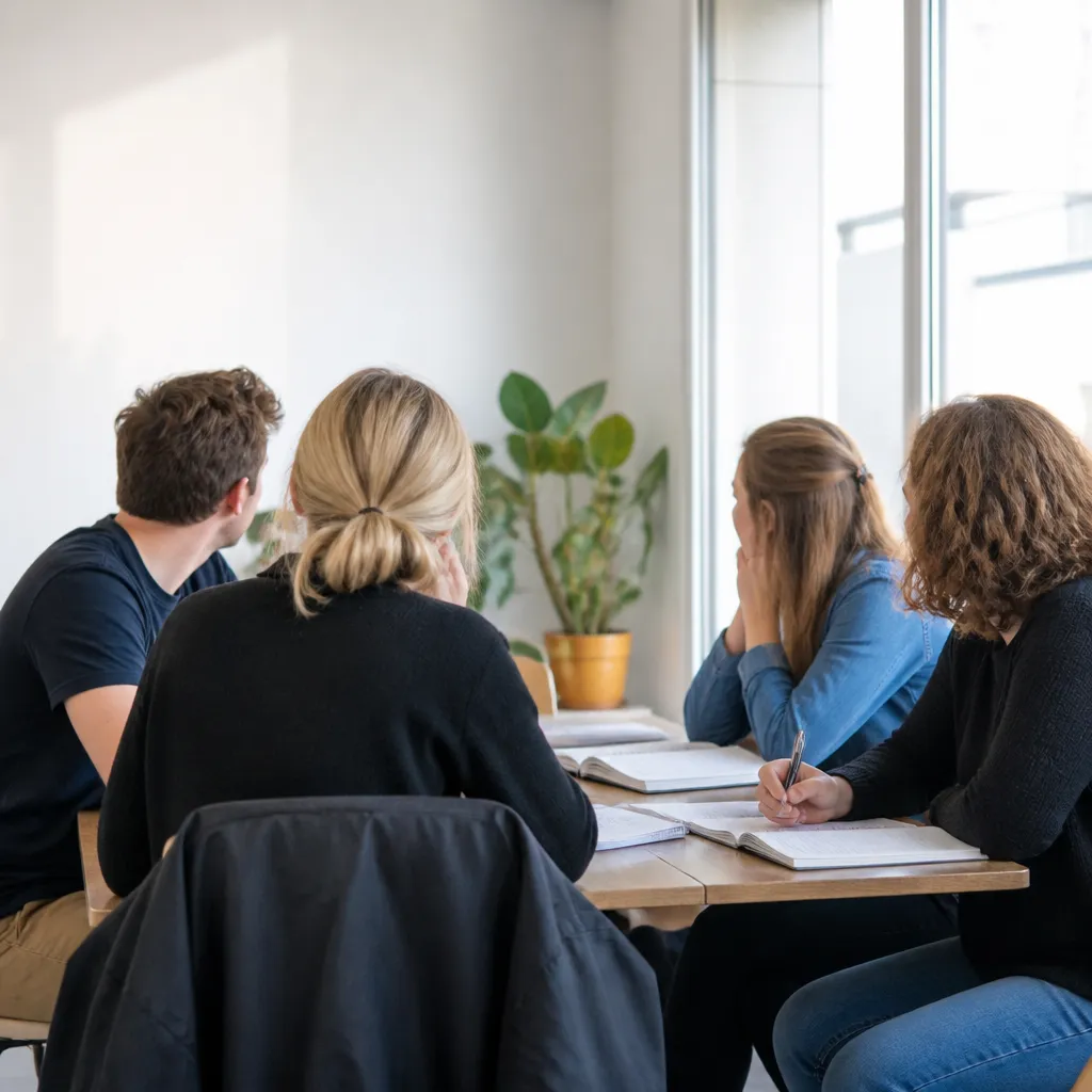 Petit groupe de quatre adultes autour d’une table avec supports de cours, échange en petit groupe