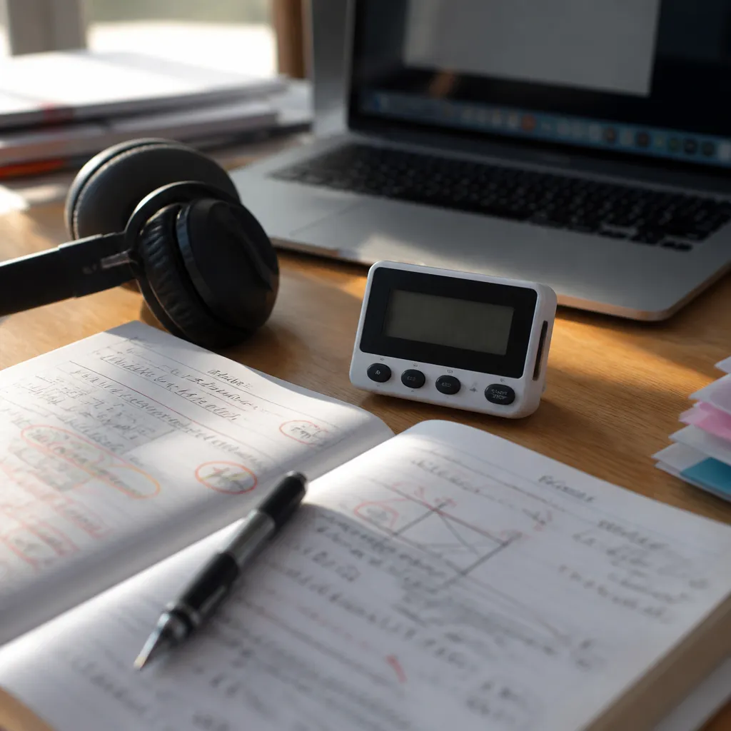 Bureau avec cahier d’exercices, chronomètre et ordinateur portable, préparation à un examen d’anglais